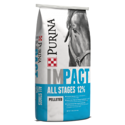 Purina Impact 12% All Stages Pelleted Horse Feed. White and blue equine feed bag.