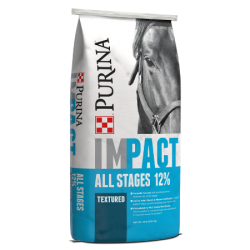 Purina Impact 12% All Stages Textured Horse Feed. White and blue equine feed bag.