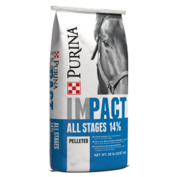 Purina Impact All Stages 14% Pelleted Horse Feed. White and blue feed bag.