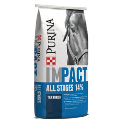 Purina Impact All Stages 14% Textured Horse Feed. White and blue feed bag.