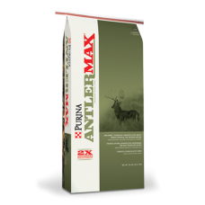 Purina AntlerMax Deer 20 with Climate Guard. Green and white feed bag.