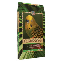 Colorful Companions Parakeet Blend. Green bird seed bag. Yellow and green parakeet.