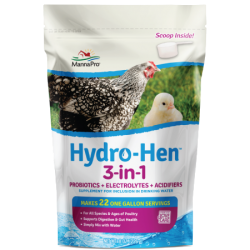 Manna Pro Hydro-Hen. White and blue poultry supplement bag.
