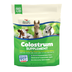 Manna Pro Multi-Species Colostrum. Animal health product. Green and white bag.
