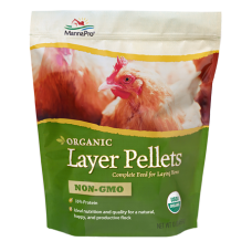 Manna Pro Organic Layer Pellets. White and green feed bag for chickens and hens.