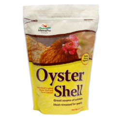 Manna Pro Oyster Shell. White and yellow poultry supplement bag.