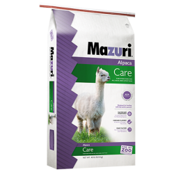 Mazuri Alpaca Care 563Y. Exotic animal feed. White and purple feed bag.