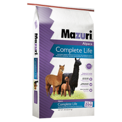 Mazuri Alpaca Complete Life 56SF. Exotic animal feed. White and purple feed bag.