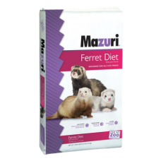 Mazuri Ferret Diet 5M08. Exotic animal feed. White and purple feed bag.