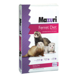 Mazuri Ferret Diet 5M08. Exotic animal feed. White and purple feed bag.