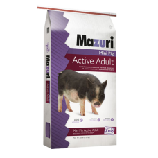 Mazuri Mini Pig Active Adult 5Z4B. Exotic swine feed. White and purple feed bag.