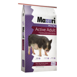 Mazuri Mini Pig Active Adult 5Z4B. Exotic swine feed. White and purple feed bag.