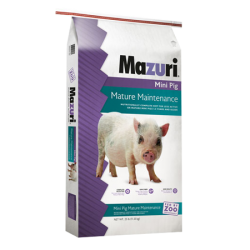 Mazuri Mini Pig Mature Maintenance 5Z4C. Exotic swine feed. White and purple feed bag.