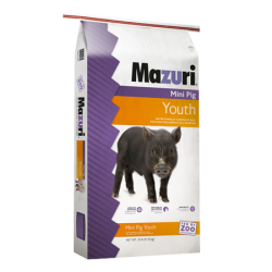 Mazuri Mini Pig Youth Diet 5Z4A. Exotic swine feed. White and purple feed bag.