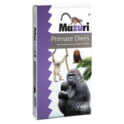 Mazuri Primate High Fiber Sticks 5MA3. High fiber monkey diet. White and purple feed bag.