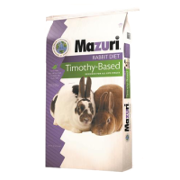 Mazuri Rabbit Diet with Timothy Hay. White and purple feed bag. Mazuri logo.