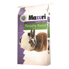 Mazuri Rabbit Diet with Timothy Hay. White and purple feed bag. Mazuri logo.