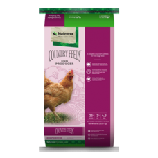 Nutrena Country Feeds Egg Producer. Purple and green poultry feed bag.