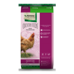 Nutrena Country Feeds Egg Producer. Purple and green poultry feed bag.