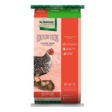 Nutrena Country Feeds Layer 16% Crumble. Orange and green poultry feed bag.