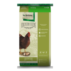 Nutrena Country Feeds Layer 16% Feed Pellet. Green poultry feed bag. Red hen.