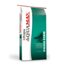 Purina AquaMax Pond Fish 4000. Green and white fish feed bag.