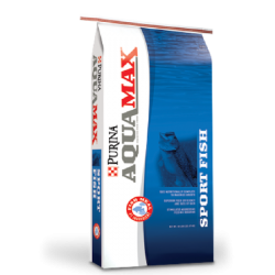 Purina AquaMax Sport Fish MVP. Fish food. Blue and white feed bag.