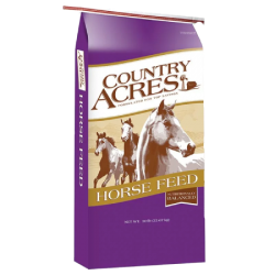 Purina Country Acres Horse 12% Pellet High Fat. Purple equine feed bag.