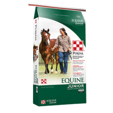 Purina Equine Junior Horse Feed. Green and white feed bag.