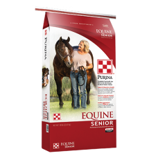 Purina Equine Senior Horse Feed. Red and white feed bag.