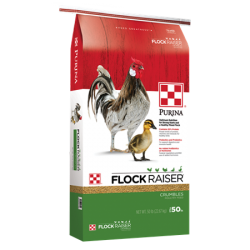 Purina Flock Raiser Crumbles. Red, white and green poultry feed bag. Hen and chick.