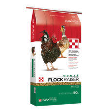 Purina Flock Raiser Pellets. Red, white and green poultry feed bag. Hens.