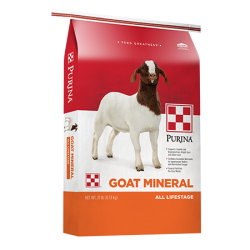 Purina Goat Mineral. Red, white and orange feed bag.