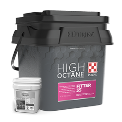 Purina High Octane Fitter 35 Topdress. Black plastic pail with pink product label.