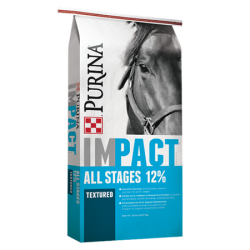 Purina Impact 12% All Stages Textured Horse Feed. White and blue equine feed bag.