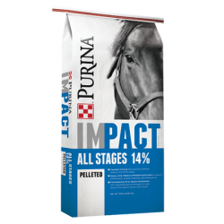 Purina Impact All Stages 14% Pelleted Horse Feed. White and blue feed bag.