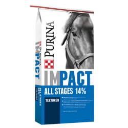 Purina Impact All Stages 14% Textured Horse Feed. White and blue feed bag.