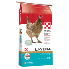 Purina Layena Crumbles. Red, white and teal poultry feed bag. Hen and egg.
