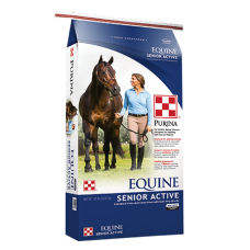 Purina Equine Senior Active Horse Feed. Blue and white feed bag.