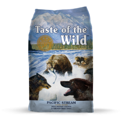 Taste of the Wild Pacific Stream Dry Dog Food. Colorful pet food bag.