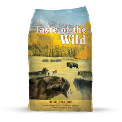 Taste of the Wild High Prairie with Roasted Bison and Roasted Venison. Colorful dog food bag.