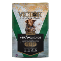 Victor Performance Formula Dry Dog Food. Green pet food bag.