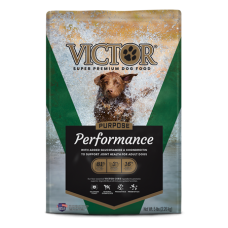 Victor Performance Formula Dry Dog Food. Green pet food bag.
