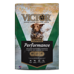 Victor Performance Formula Dry Dog Food. Green pet food bag.