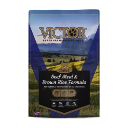 Victor Select Beef Meal and Brown Rice Dry Dog Food. Pet food bag.