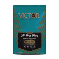 Victor Hi Pro Plus Classic Active Dog & Puppy Food. Teal pet food bag.