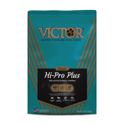 Victor Hi Pro Plus Classic Active Dog & Puppy Food. Teal pet food bag.