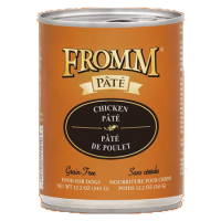 Fromm Chicken Pâté Canned Dog Food. Wet dog food. Tan can of dog food.