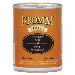 Fromm Chicken Pâté Canned Dog Food. Wet dog food. Tan can of dog food.