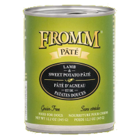 Fromm Lamb & Sweet Potato Pâté Canned Dog Food. Wet dog food can with green label.